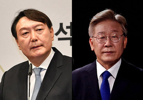 지난 6월29일 서울 서초구 매헌 윤봉길 의사 기념관에서 정치참여 선언 기자회견을 가진 윤석열 전 검찰총장(왼쪽), 지난 7월1일 영상으로 대선 출마선언을 한 더불어민주당 소속 이재명 경기도지사(오른쪽).윤석열 페이스북·이재명 블로그 갈무리